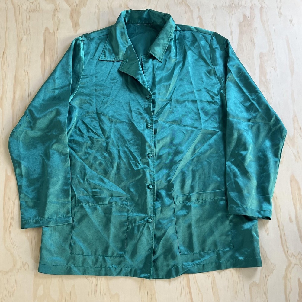 Satin Pajama Set Womens Large Green Button Front Long Sleeve 2 Piece Sleepwear